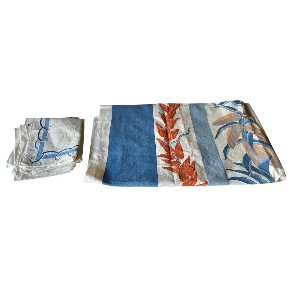 Vintage Southwest Tablecloth & 6 Napkins Set Blue & Orange Cotton Chilis Corn